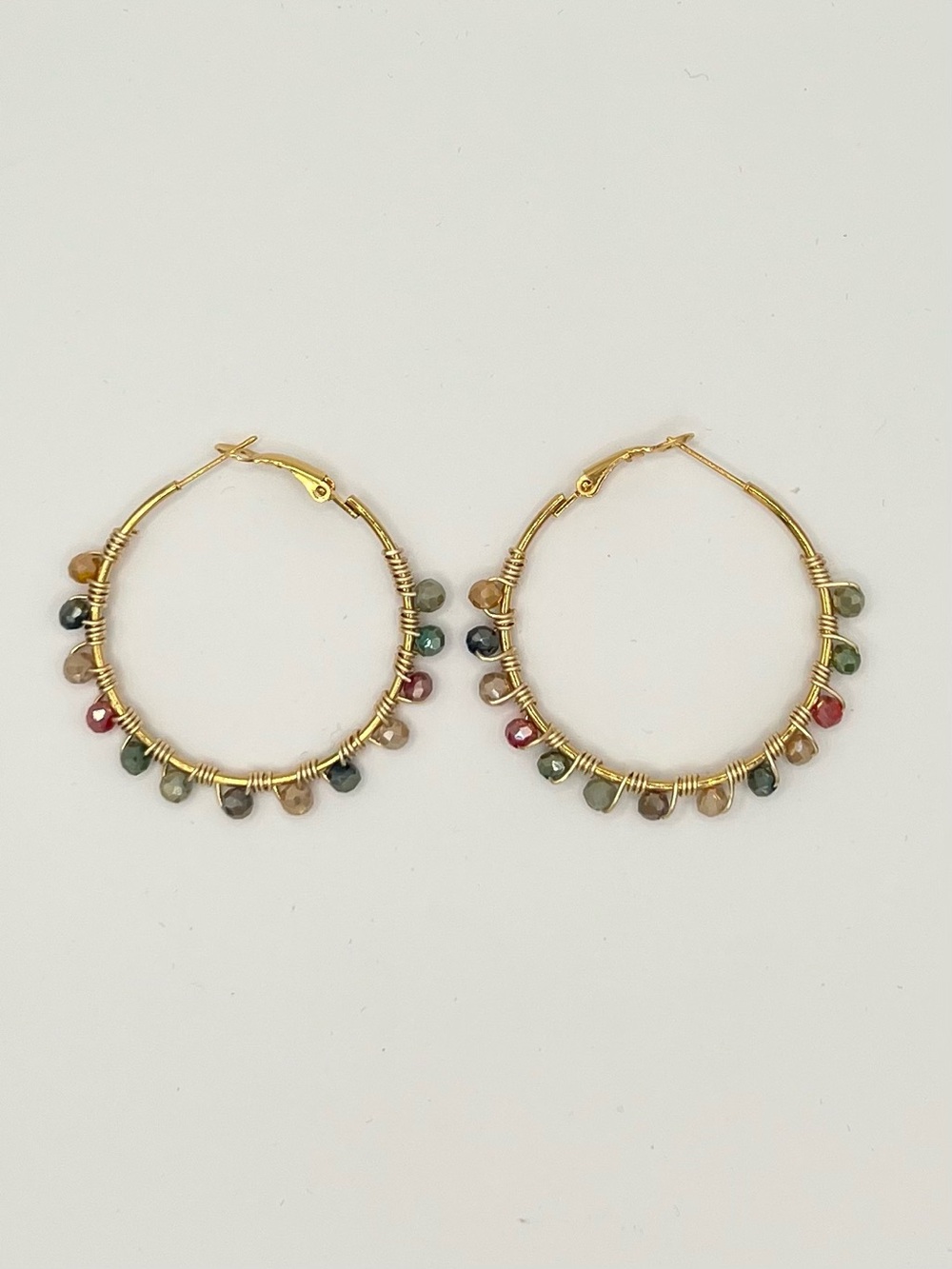 Hand-Wired Gold Hoop Earrings with Multicolor Glass Beads